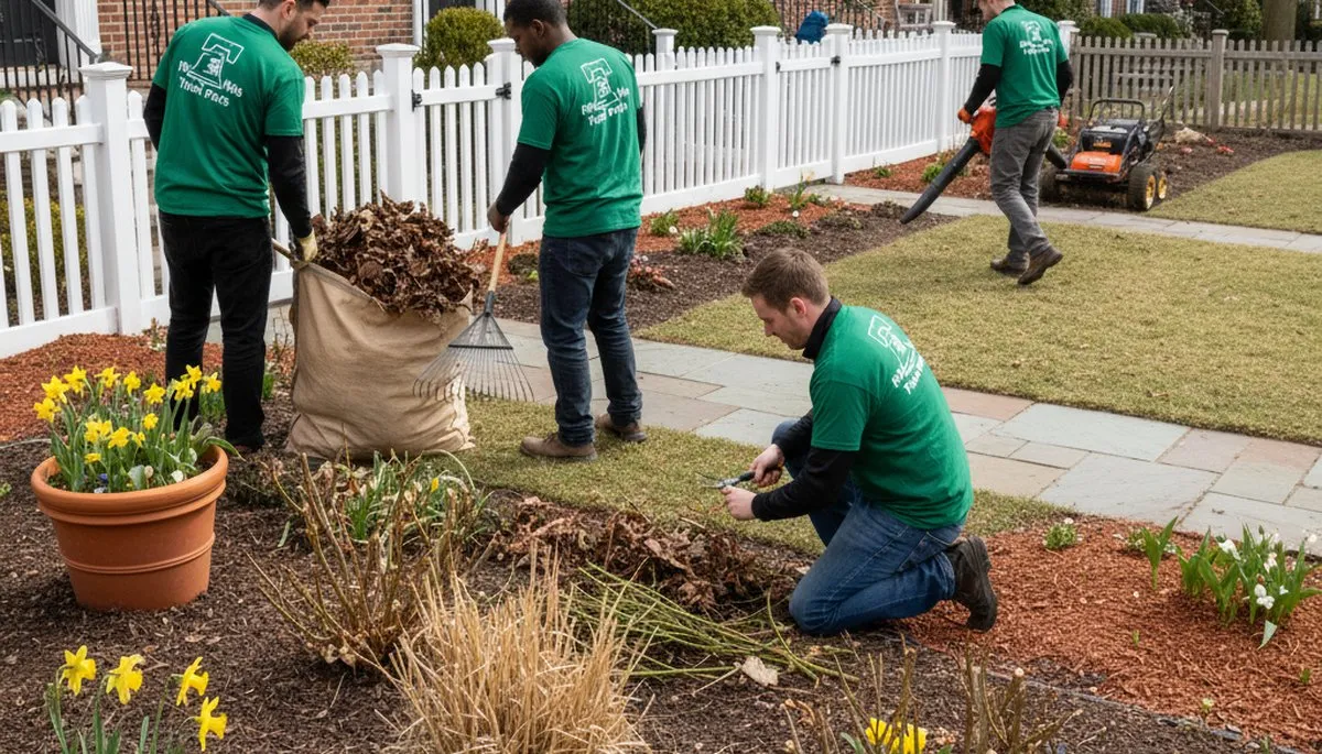 Landscapers clearing winter debris and pruning gardens during spring yard cleanup in Philadelphia, PA