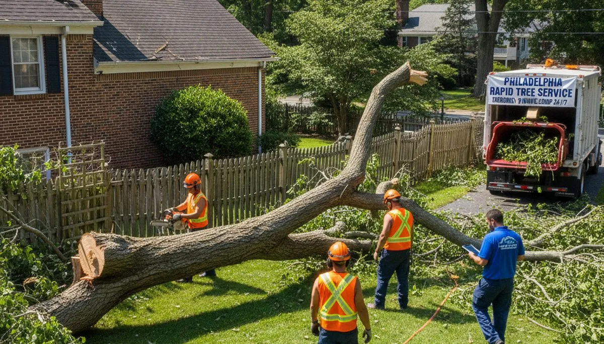 Landscapers clearing storm debris from a Philadelphia, PA yard during professional storm damage cleanup