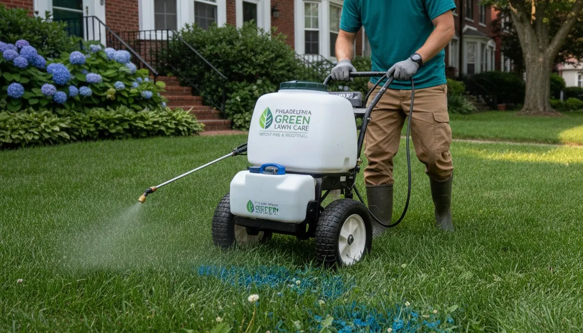 Lawn care expert applying targeted weed control treatment in Philadelphia, PA lawn