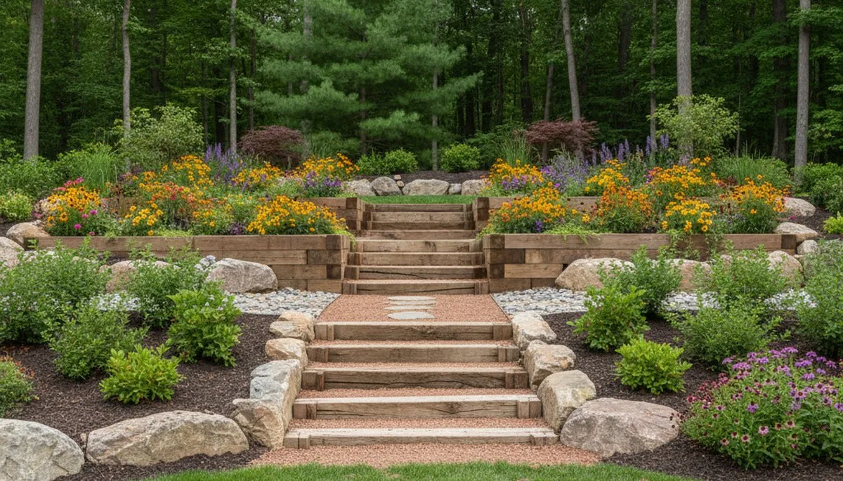 Terraced garden with timber steps and native plants by landscapers in Camden NJ near Philadelphia PA