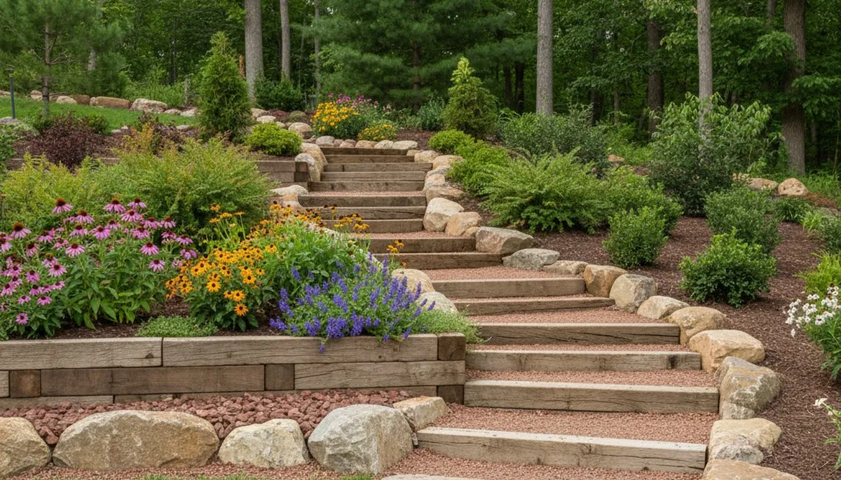 Terraced garden with timber steps and native plants by expert landscapers in Collingswood, NJ
